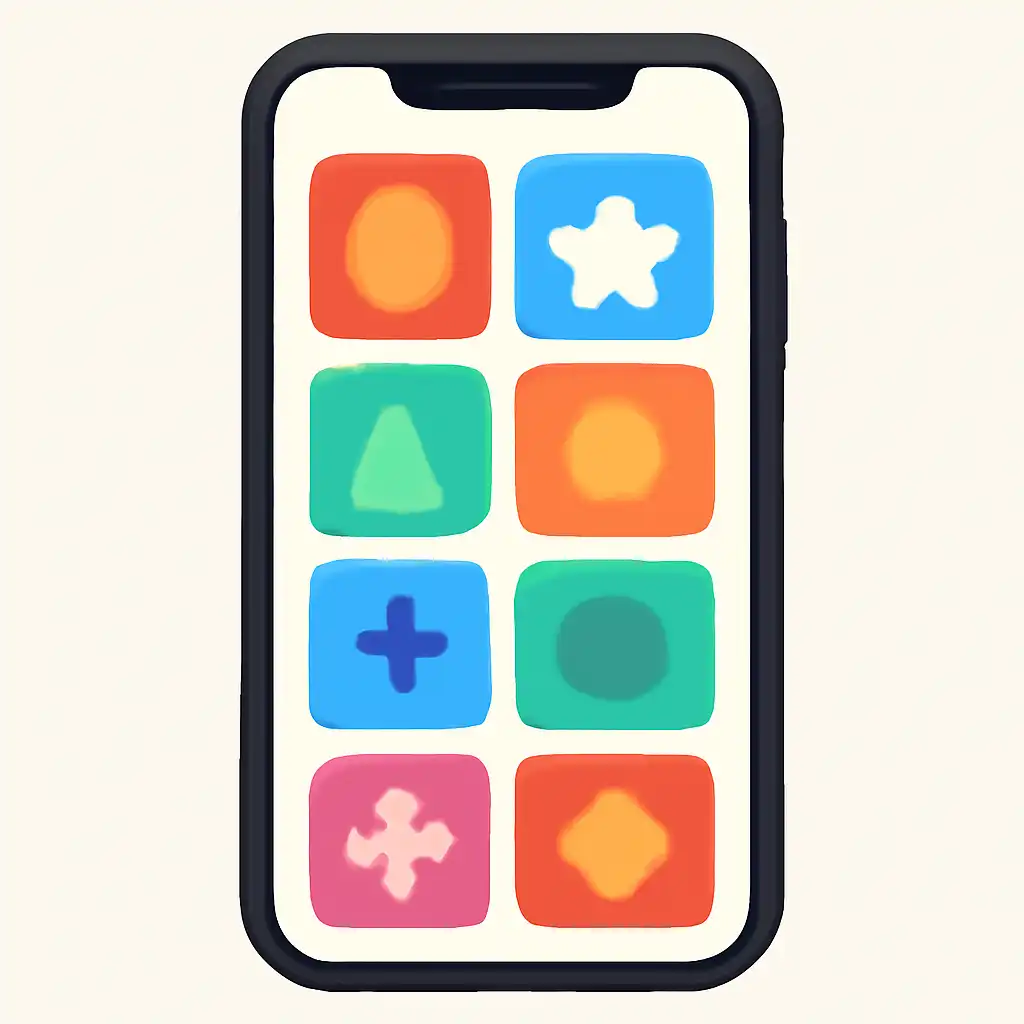 Smartphone shown from the front displaying a colourful flat layout of abstract game icons and rounded tiles (no text, no letters, no labels), 13L Game