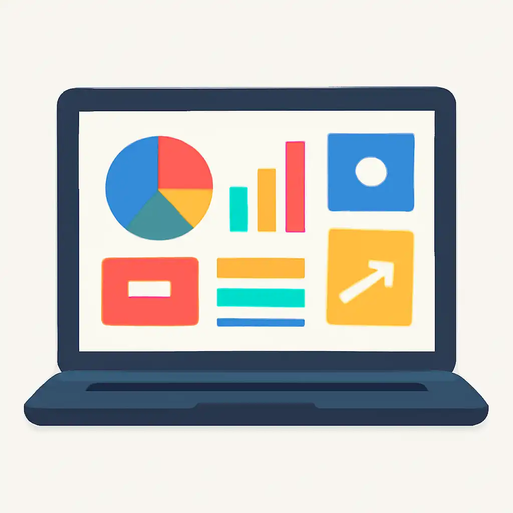 Laptop shown from the front displaying a colourful flat dashboard of abstract charts, bars and icon tiles (no text, no letters, no labels), 13L Game