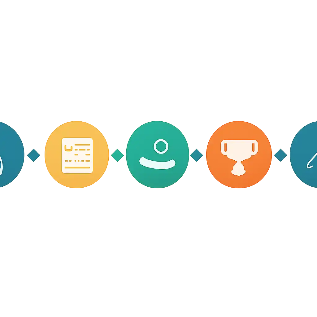 Five numbered circular icons connected by arrows in a horizontal flow, flat illustration, icons only, no words, 13L Game steps